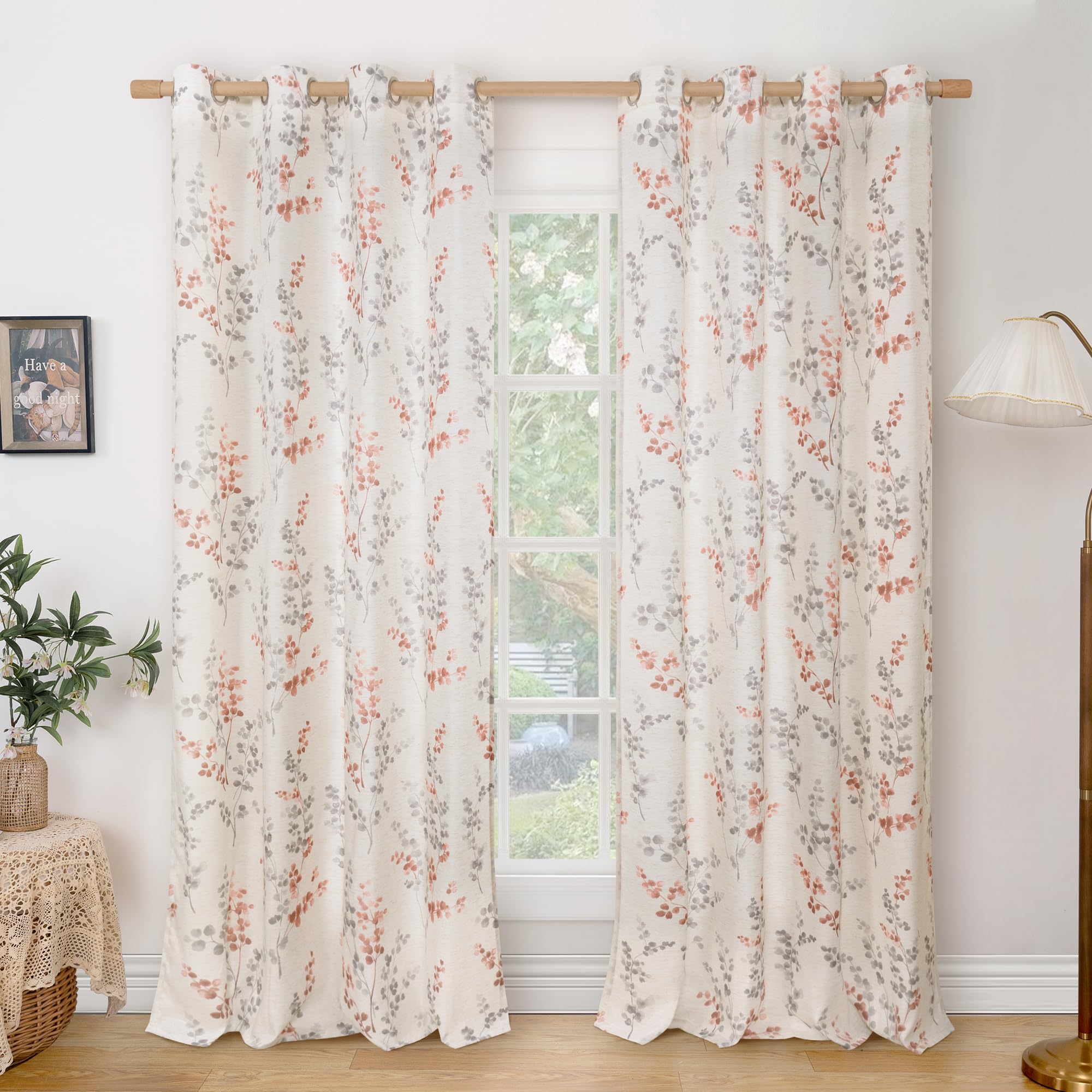 BGment Linen Patterned Curtains 95 Inch Length 2 Panels, Long Curtains for Living Room, Light Filtering Privacy Protection Window Drapes Print Floral Leaf, Each 52 Inch Wide, Terracotta Image