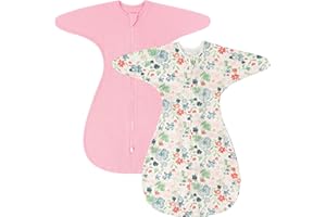 ZIGJOY Shark-Fin Transition Swaddle - 1.0 Tog Baby Sleep Sack Soft Cotton Transitional Swaddle Baby Wearable Blanket with 2-Way Zipper for All Seasons, Pink&Flower, 6-12 Months