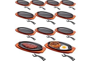 Mifoci Set of 12 Fajita Skillet Cast Iron Plate, Heavy Duty Non Stick Sizzling Plate with Wooden Base and Hot Plate Gripper, 