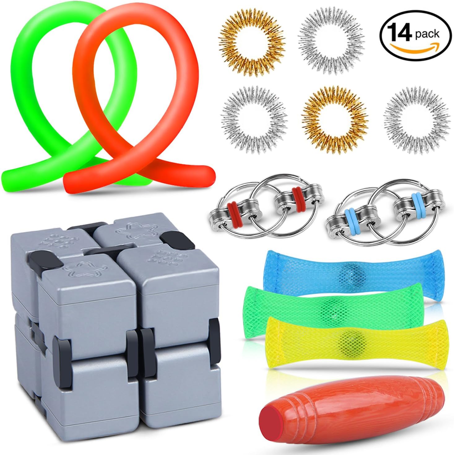 Oliva Branch Sensory Fidget Toys, Fidget Cube, Sensory Toys, Stress Relieving and Focus Increasing Stretch Desk Toys for Kids/Adults (Pack of 14)
