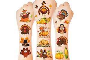 HUSKEIN 117PCS Thanksgiving Temporary Tattoos for Kids, 9 Sheets Thanksgiving Stickers Turkey Pumpkin Leaves Nuts Patterns, Fall Tattoos Stickers for Harvest Gathering Party Favors Accessories Decorations