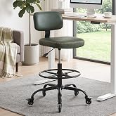 Cosauary Leather Drafting Chair, Tall Office Chair,Green | Back Support, Adjustable Foot Rest, Lockable Rubber Wheels, For Standing Desk Counter Kitchen Salon Home Vanity