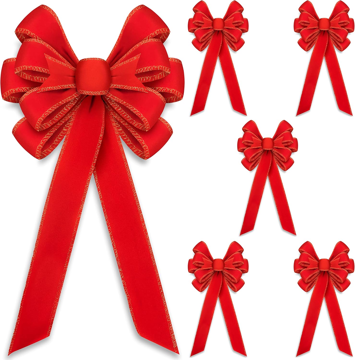Bows & Ribbons - Gift Boutique 6 Pack Red Velvet Christmas Bows Large 11. 5” by 23” 10 Loop with Gold Wire Trim for Outdoor Wreath Bow Garland Decoration Ribbon Kitchen Wreaths Decor Xmas Tree Holiday Decorations
