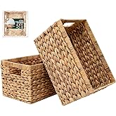 2-Pack Handwoven Water Hyacinth Storage Baskets with Handles, Wicker Bins for Pantry Organization, Shelf or Closet Organizer, Decorative Boho Rectangular Basket 13.5" x 8"
