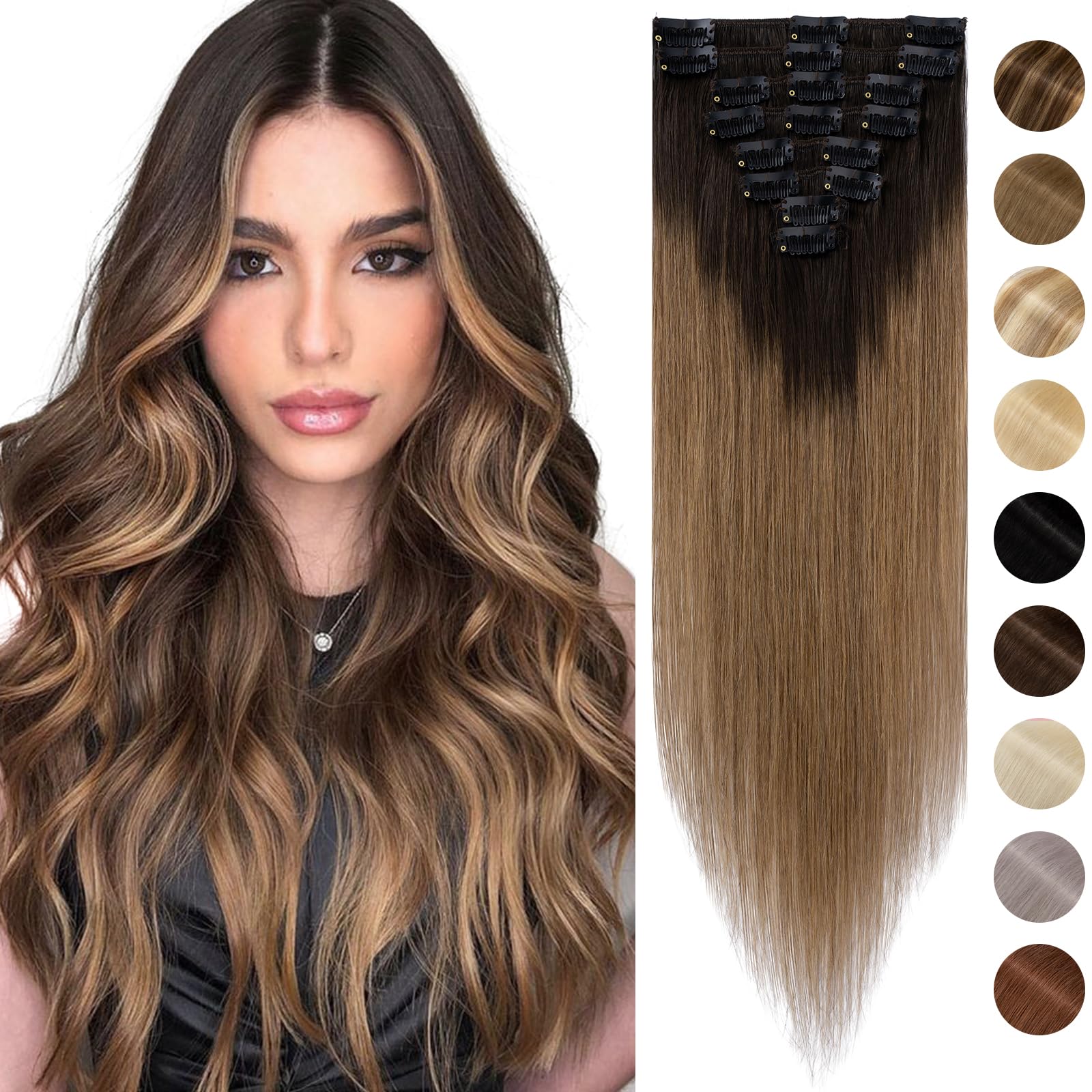 CO Real Hair Extensions Clip-in (14"-60g, #2/6 Dark Brown Ombre Light Brown) 8-pieces Balayage Straight - Basic Thickness - Remy Hair — image 1