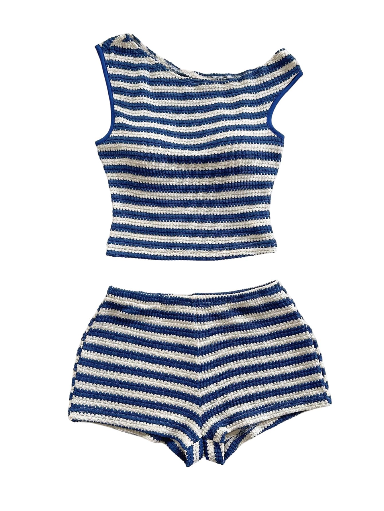 Photo 1 of SOLY HUX Women's 2 Piece Striped Off The Shoulder Crop Tops and Mini Shorts Set Summer Y2K Going Out Outfits Blue and White Striped Small
