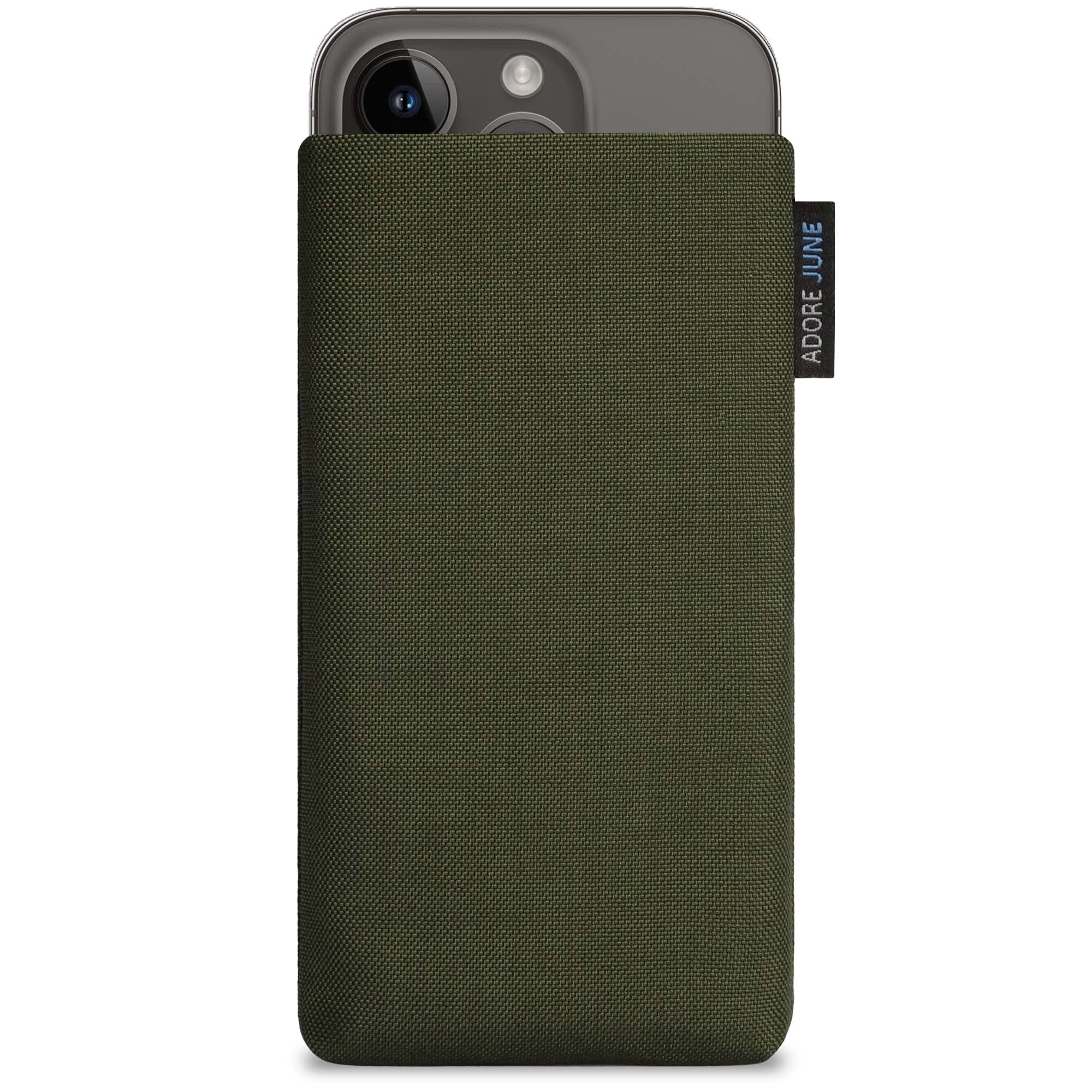 Adore June Classic Olive Green Case Compatible with iPhone 15 14 / iPhone 15 14 Pro Mobile Phone Case Made of Durable Cordura Fabric with Screen Cleaning Effect, Made in Europe