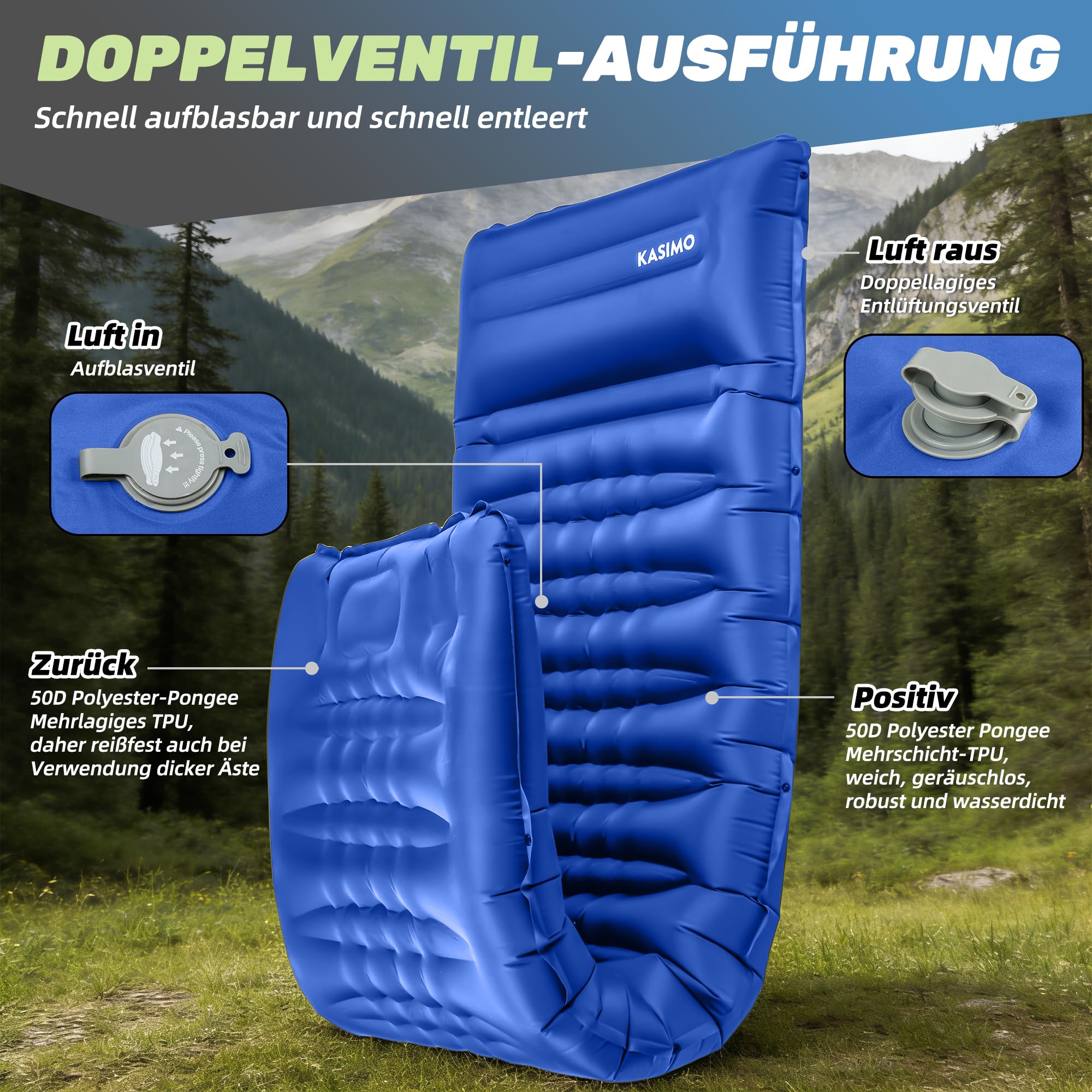 KASIMO Isomatte 12CM Luftmatratze Camping mit integrierten kopfkissen, Aufblasbare Matratze mit Fußpumpe Ultraleichte & Kompakte Isomatte - perfekt für unterwegs Wandern Zelt Blau 6