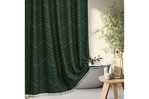 Siiluminisoy Dark Green Boho Shower Curtain with Tassel Woven Fabric Shower Curtain 72 x 72 Modern Farmhouse Textured Tufted Chevron Striped Minimalist Shower Curtains for Bathroom