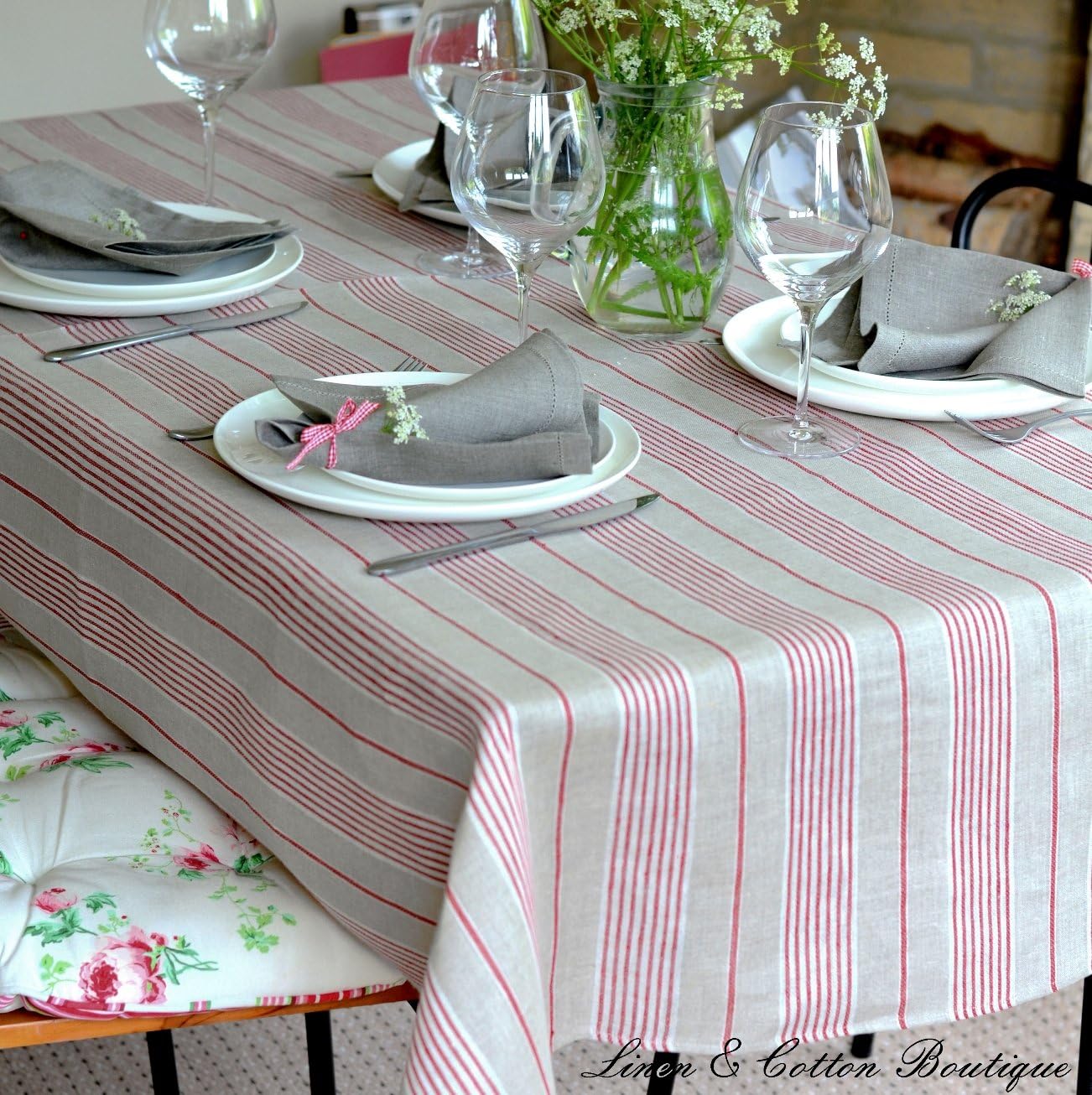Linen & Cotton Striped Tablecloth ULLA, 100% Linen - 150 x 300cm (60'' x 120''), Natural/Beige, 118.1 x 59.1 inch (Rectangular) - Image 3