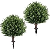 Artificial Cedar Topiary Ball Tree 23" with Ground Spike, Set of 2 Artificial Boxwood Bushes for Faux Shrubs, Fake Evergreen Faux Plant for Indoor Outdoor Porch Garden- UV Resistant – Fade-Proof
