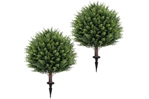 JASMPIG Artificial Cedar Topiary Ball Tree 23" with Ground Spike, Set of 2 Artificial Boxwood Bushes for Faux Shrubs, Fake Evergreen Faux Plant for Indoor Outdoor Porch Garden- UV Resistant – Fade-Proof