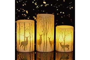 GenSwin Flickering Flameless Candles Battery Operated with 6 Hours Timer, Real Wax Led Pillar Candles Deer Decal Warm Light, Pack of 3 Christmas Home Decor