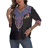 AK Mexican Embroidered Tops for Women Boho Floral 3/4 Sleeve Peasant Blouses Summer Casual Boho Clothes Hippie Shirt