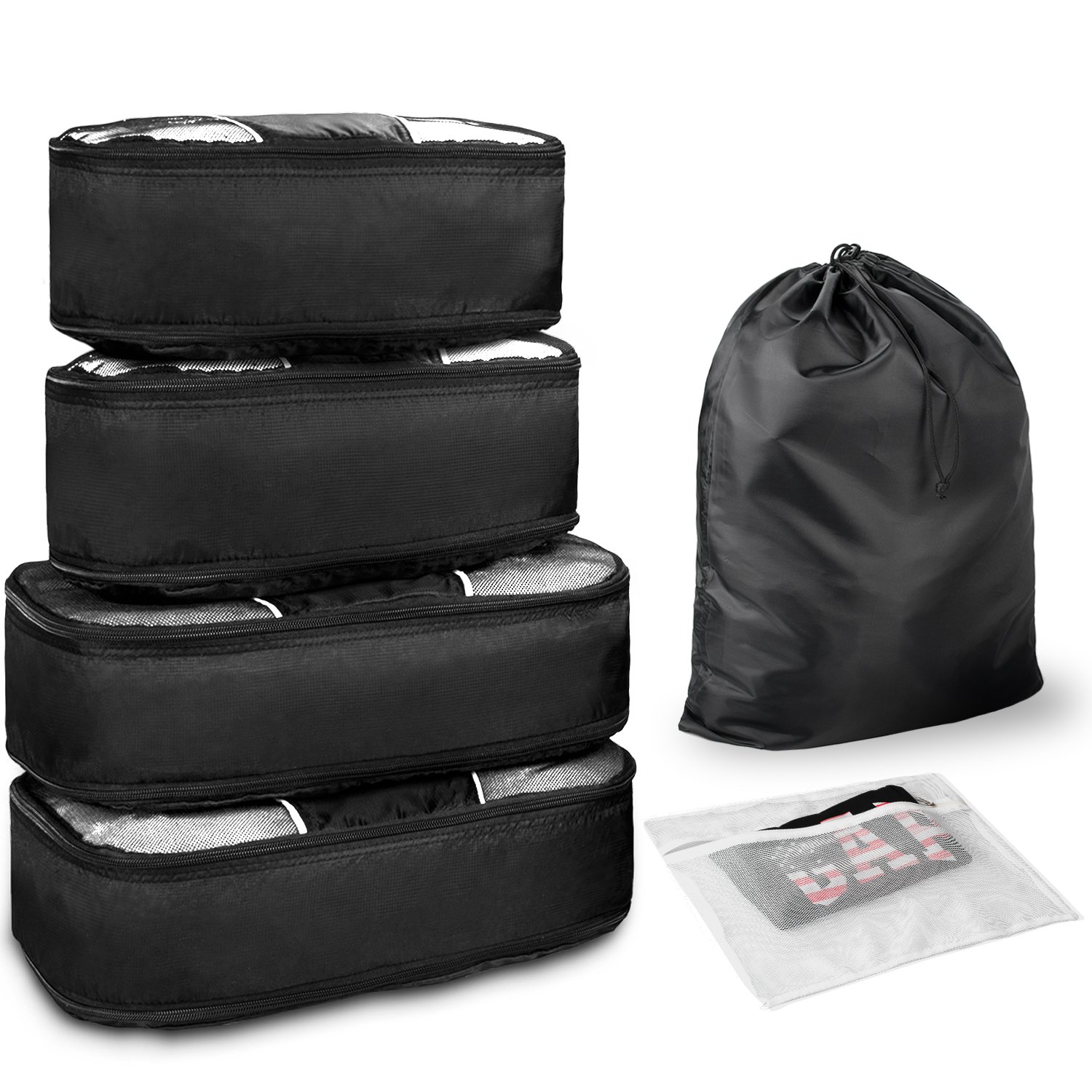 WandF Expandable Packing Organizer Cubes Set of 6, Various Sizes Plus Underwear Bag and Laundry / Shoe Bag w/ Drawstring
