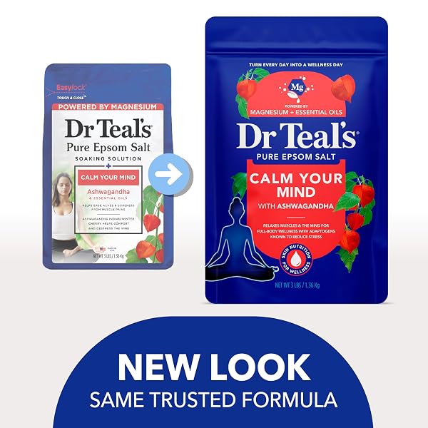 DR TEAL’S EPSOM SALT MAGNESIUM SOAK, ASHWAGANDHA & ESSENTIAL OILS, 3 LBS (PACK OF 4)
