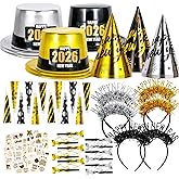 Atonofun 2026 New Years Eve Party Supplies for 24 Guests, 60 Pcs New Year Eve Party Hats and Horns, Headband, Tattoos, Blowouts 2026 New Year Party Favors