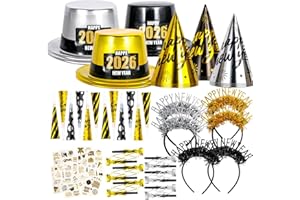 Atonofun 2026 New Years Eve Party Supplies for 24 Guests, 60 Pcs New Year Eve Party Hats and Horns, Headband, Tattoos, Blowouts 2026 New Year Party Favors
