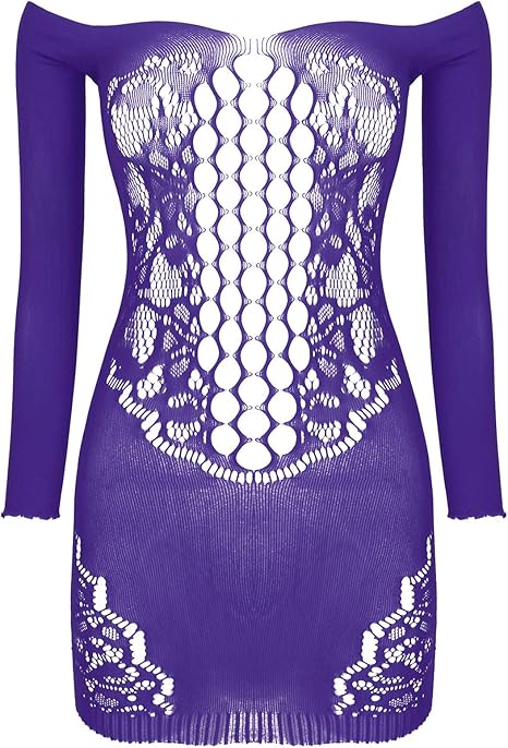 Amazon Iiniim セクシー ボディコンドレス メッシュ 女性 網タイツ ミニワンピース チューブトップ 長袖 伸縮性 ミニドレス 全身 レディース セクシー パジャマ 下着 過激 ランジェリー パープル フリーサイズ コスプレ 仮装 通販