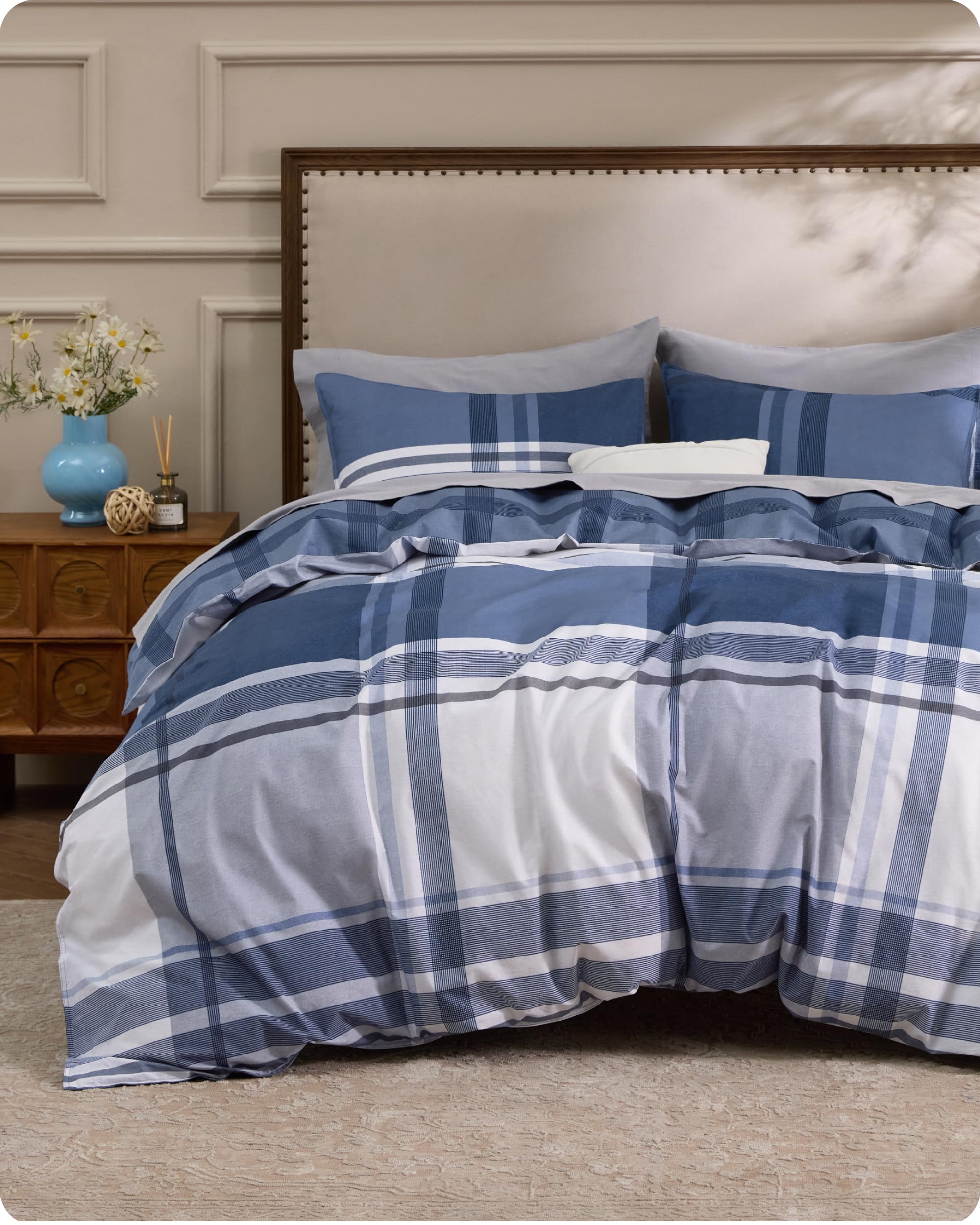 Bedsure 100% Cotton Reversible Plaid Duvet Cover King Size - Classic Navy Checkered Pattern Comforter Cover with Zipper Closure & 2 Pillow Shams, Comforter Sold Separately (Navy Plaid 104"x90") Image