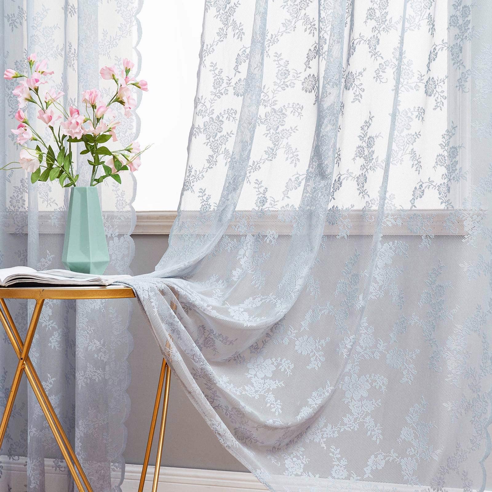 MIULEE 2 Panels Curtains Sheer Lace Curtain Panel Lace Embroidered Sheer Flora Design Grommet Window Voile Panels Drape Treatment Home for Bedroom Living Room 150 x 245 cm 59" Wx 96" L Grey