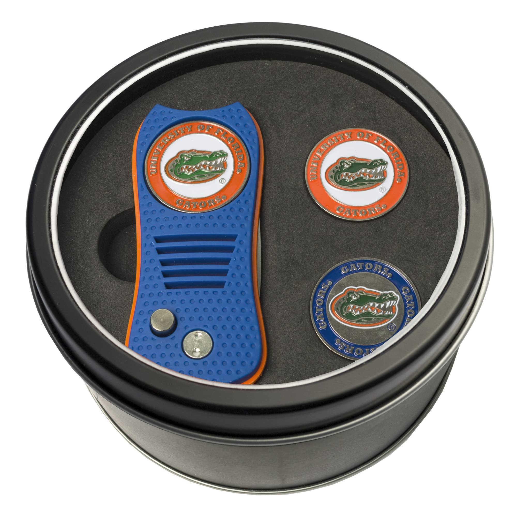 Team Golf NCAA Florida Gators Tin Gift Set with Retractable Divot Tool and 2 Ball Markers Gift Set with 3 Magnetic Ball Markers, Patented Single Prong Design, Causes Less Damage to Greens