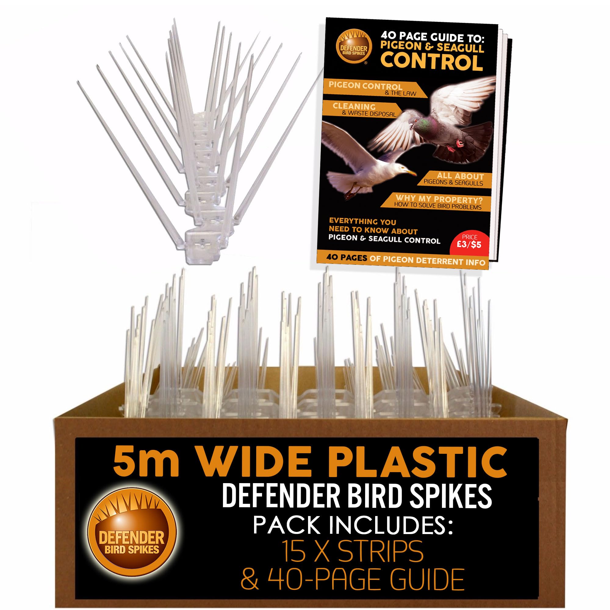 Defender Bird Spikes | Wide Plastic Pigeon Deterrent | Pigeon Information Guide | 5 Metre Pack