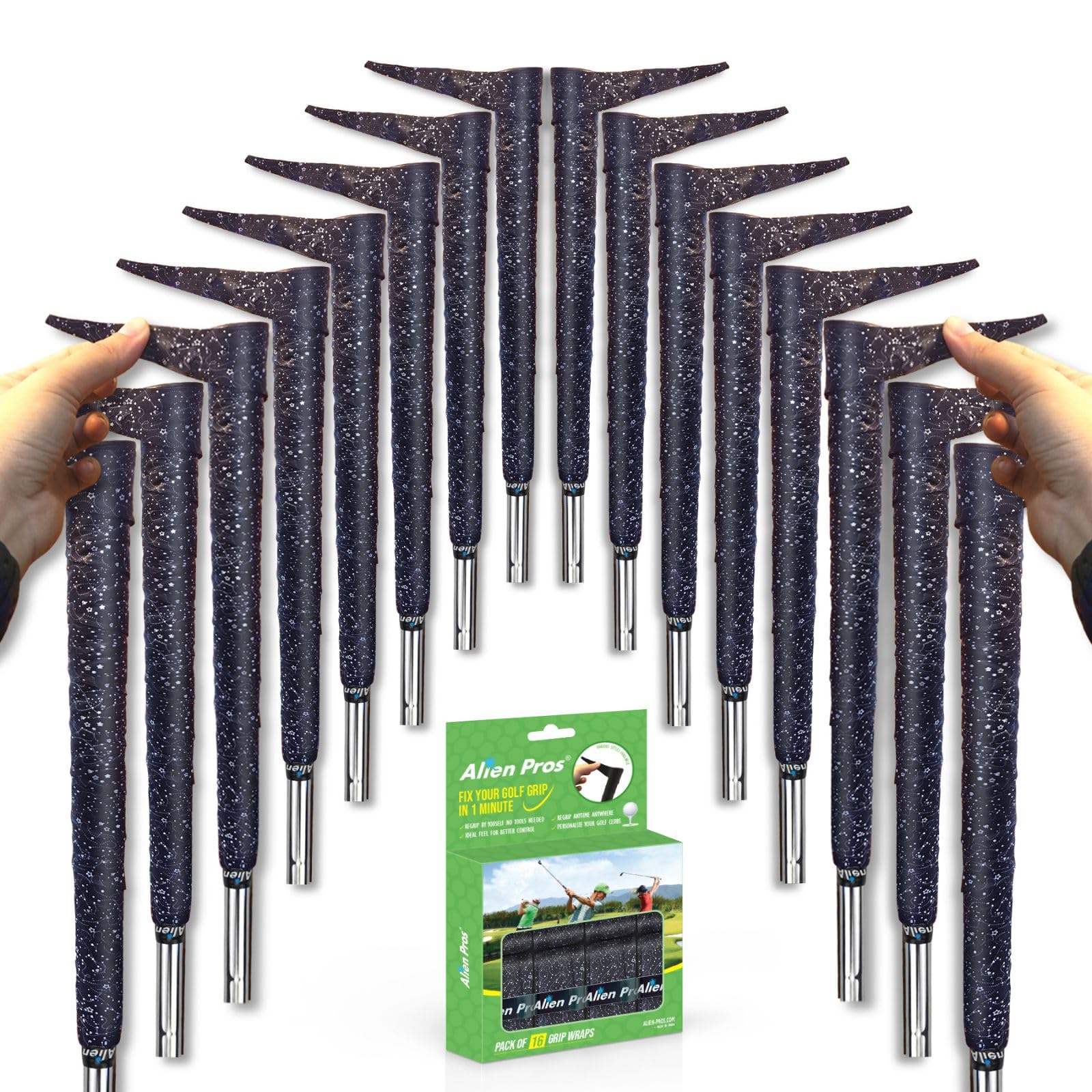Alien Pros Golf Grip Wrapping Tapes (16-Pack) - Innovative Golf Club Grip Solution - Enjoy a Fresh New Grip Feel in Less Than 1 Minute (16-Pack, Black Magic)