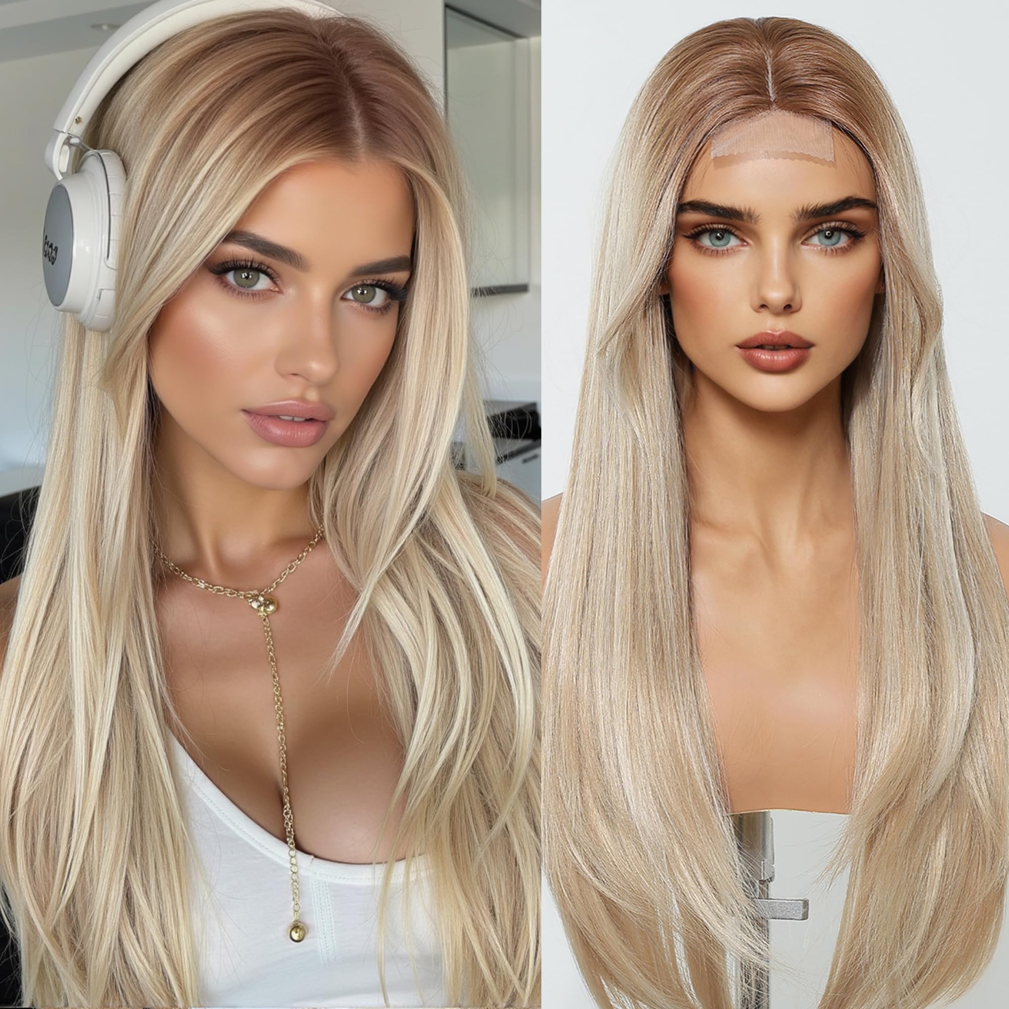 Photo 1 of testar Long Straight Blonde Wigs for White Women Ombre Brown Blonde Silky Hair Synthetic Middle Part Wigs for Daily Use Lace Closure Natural Hairline 26 IN