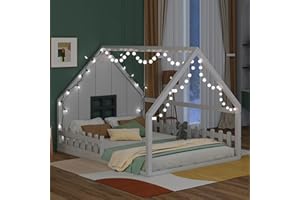 Merax Full Size House Bed for Kids, Wood Montessori Floor Bed with LED Light Toddler Floorbed with Fence and Window, Toddler Bedframe for Girls Boys, White