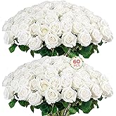 Auihiay 60PCS Artificial Roses Bulk, White Velvet Silk Fake Roses, Realistic White Flowers for Wedding Centerpieces, Bridal Bouquets, Home Decor, Baby Shower, Valentine's Day Party Decorations