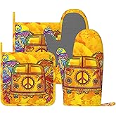 Hippie Yellow Vintage Peace Car Oven Mitts And Pot Holders Set Of 4 Silicone Heat Resistant Oven Mitten Potholders Non Slip Gloves Kitchen Decor For Bbq Cooking Grilling Baking