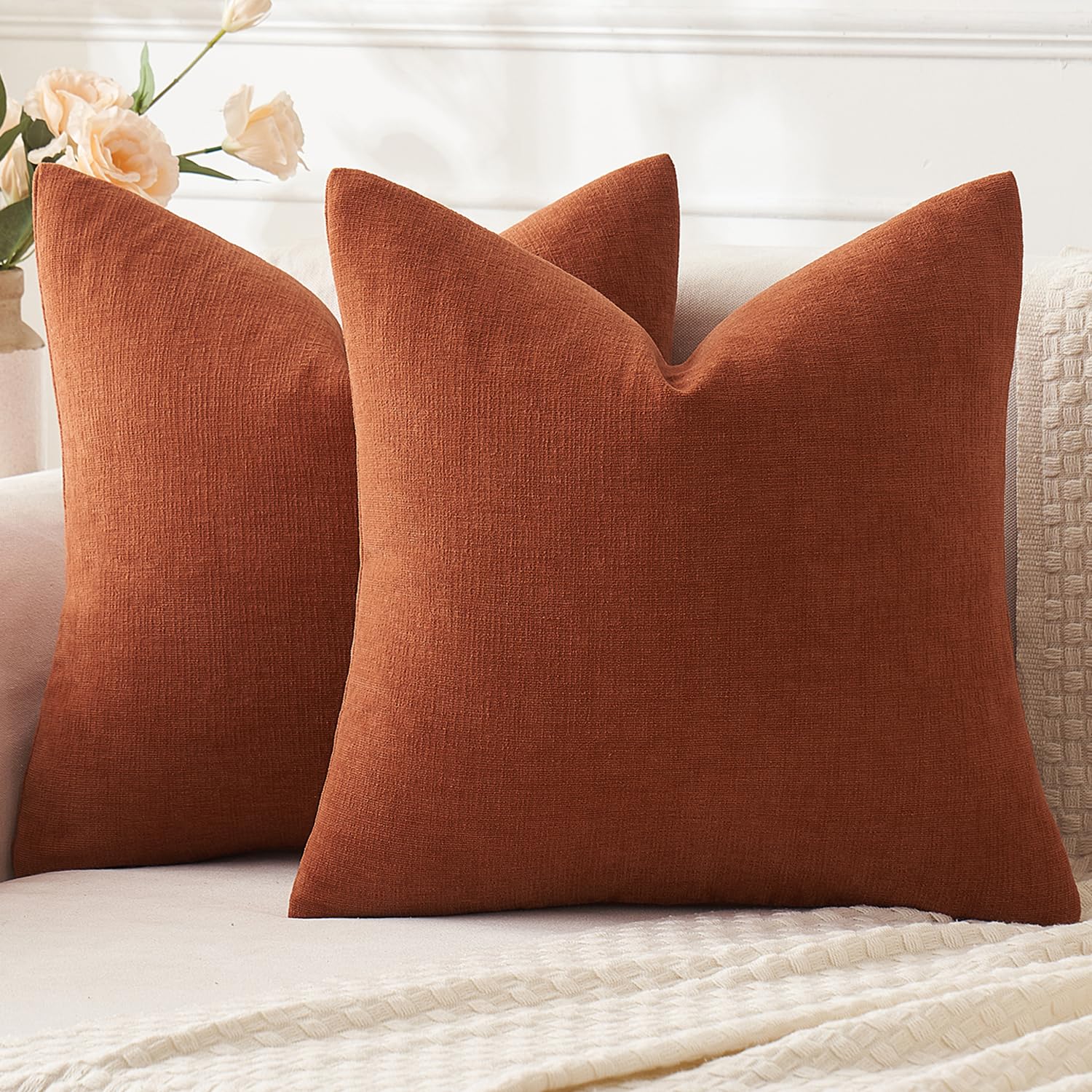 Photo 1 of MIULEE Rust Couch Pillow Covers 18x18 Inch, Set of 2 Soft Chenille Fall Decorative Square Throw Pillow Covers Farmhouse for Sofa Living Room Bed