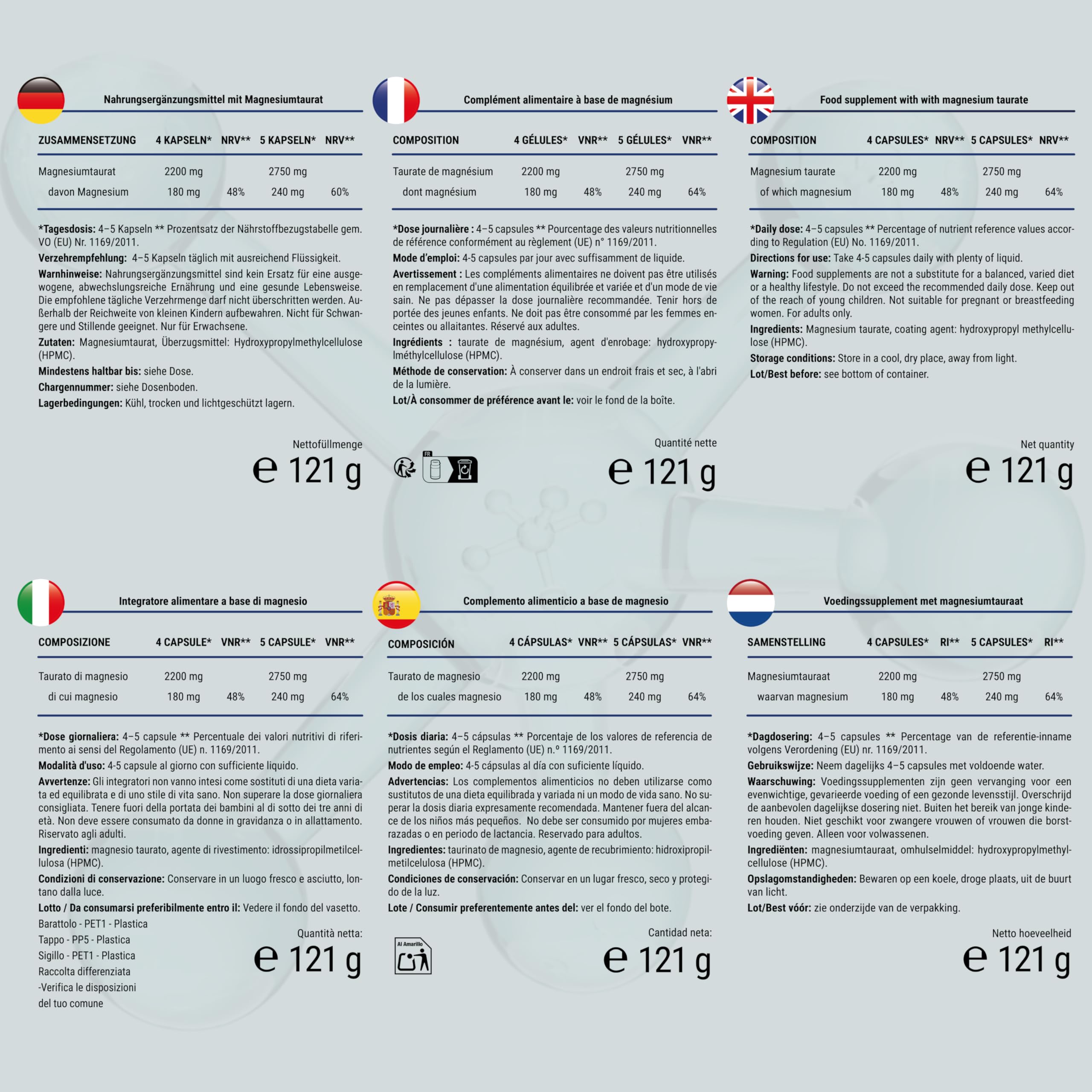Magnesium Taurat 2750 mg pro Tag, 180 Kapseln - davon 240 mg elementares Magnesium pro Tag, Chelatierte Verbindung mit Taurin - Für Muskeln & Nerven* - Hohe Bioverfügbarkeit, Frei von Magnesiumstearat 8
