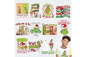 FUKIDOG 12 Sheets Xmas Iron on Transfers Patches for T-Shirt Christmas Cartoon Decals Stickers Heat Transfer Design Christmas Green Monster Vinyl Appliques for Clothes DIY Craft Decorations
