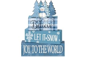 Fiwochic 4 Pcs Christmas Blue Snowman Decoration Winter Wooden Tiered Tray Decor Xmas Tree Centerpiece Joy Plaid Snowflake Let It Snow Block Signs Gift for Table Home Party Kitchen Shelf