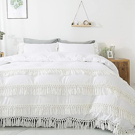 Amazon Com Boho Duvet Cover Set With Tassels Bridal White 3pcs Girls Rustic Bohemian Bedroom Decor Pillow Cases Romantic Trimmings White Twin Xl Kitchen Dining