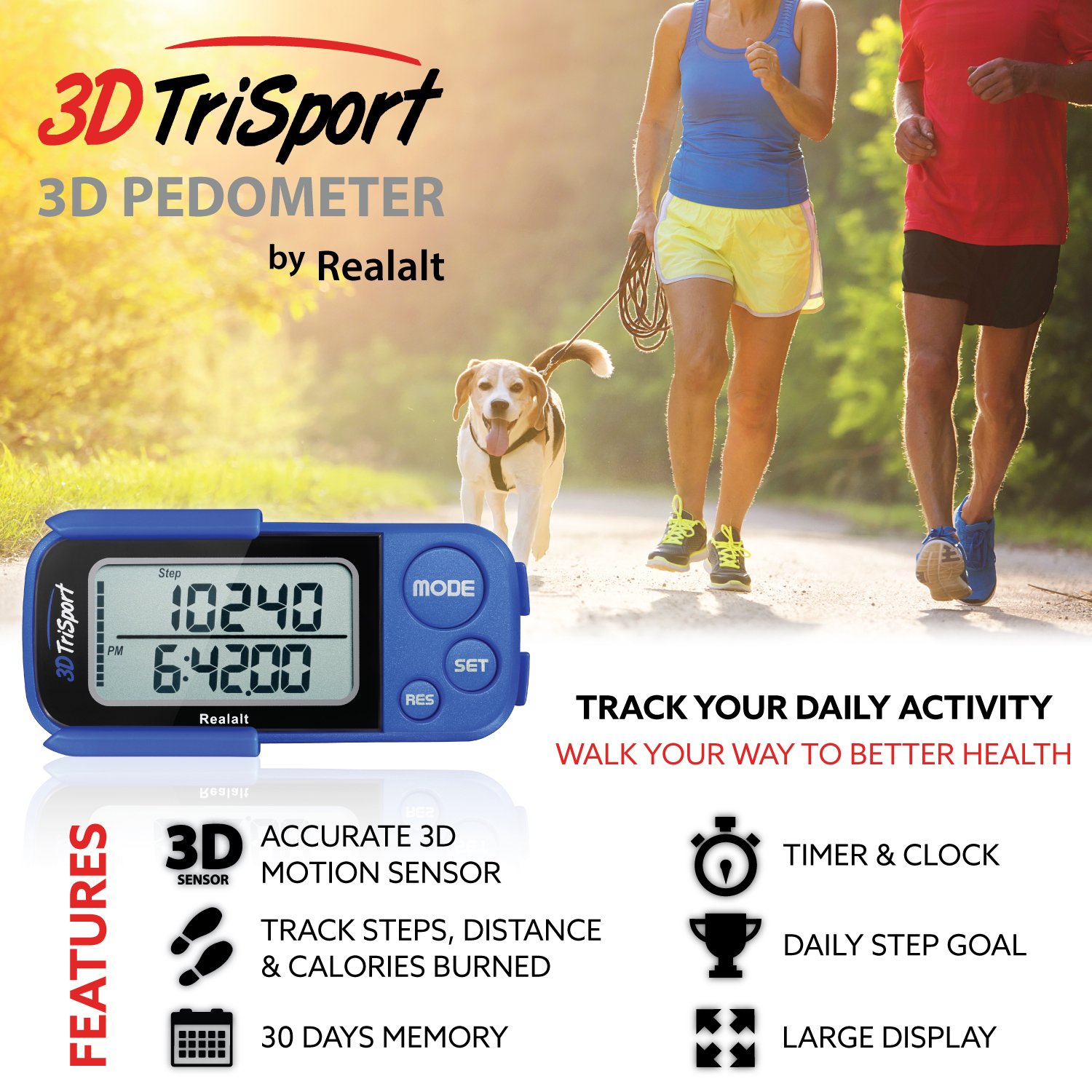 Realalt 3DTriSport Walking 3D Pedometer with Clip and Strap, Free eBook