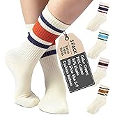 F|B Striped Retro Crew Socks for Women - Pair of 5 Triple Striped Socks with Terry Cushioned Sole