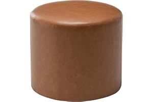 Wovenbyrd 19-Inch Wide Round Pouf Ottoman Footstool, Caramel Brown Faux Leather