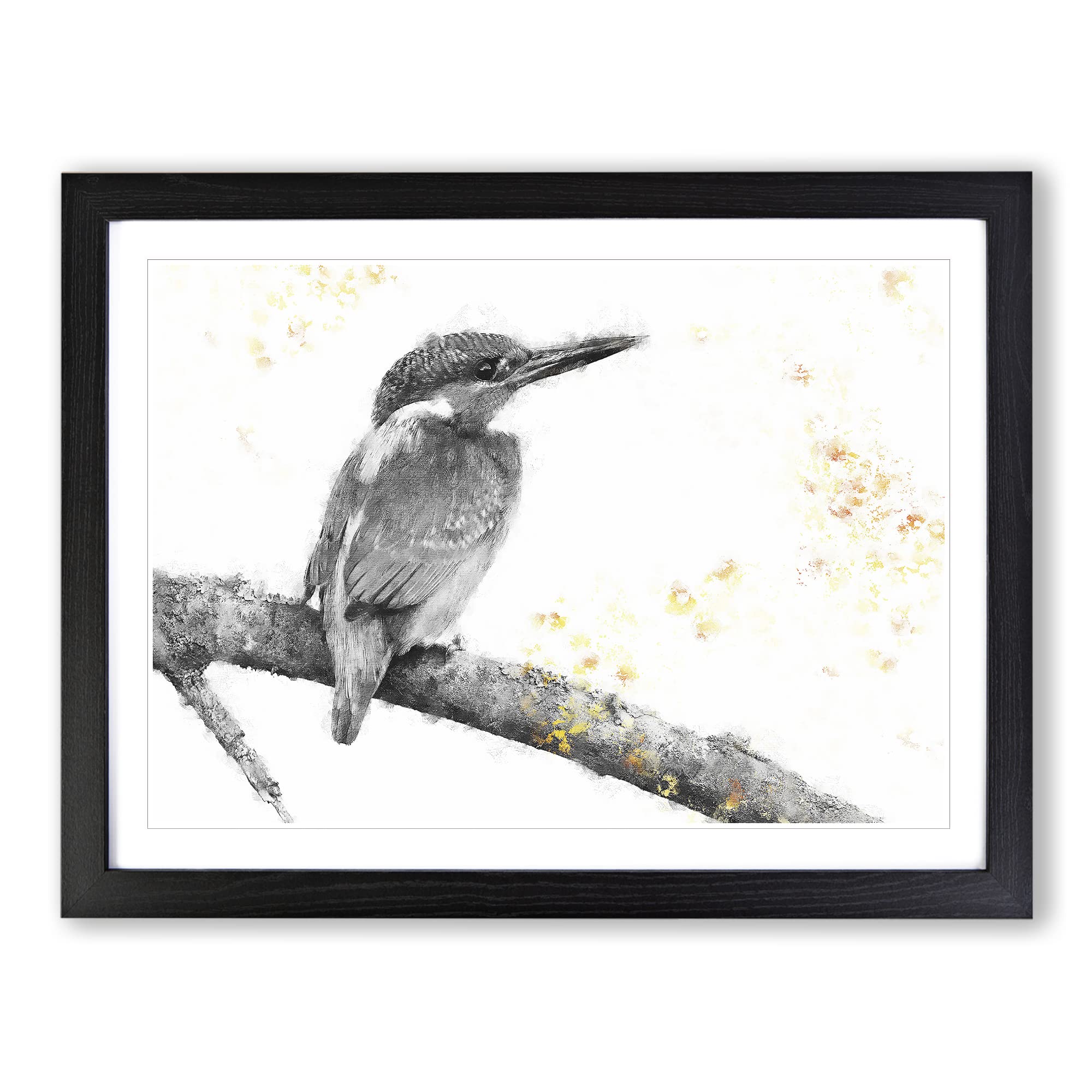 Kingfisher Bird On A Branch Painting Modern Art Framed Wall Art Print, Ready to Hang Picture for Living Room Bedroom Home Office Décor, Black A3 (46 x 34 cm)
