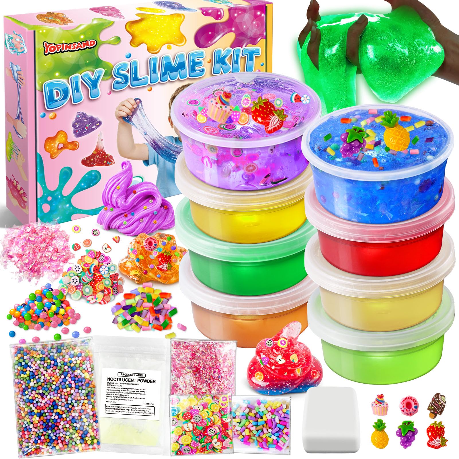 8 Cups DIY Slime Kit, Slime Making Kit for Girls, Glow in The Dark, Crystal Clear Slime with Add-ins, Foam Balls, Charms, Party Favors Gift Toys for Kids 3-12
