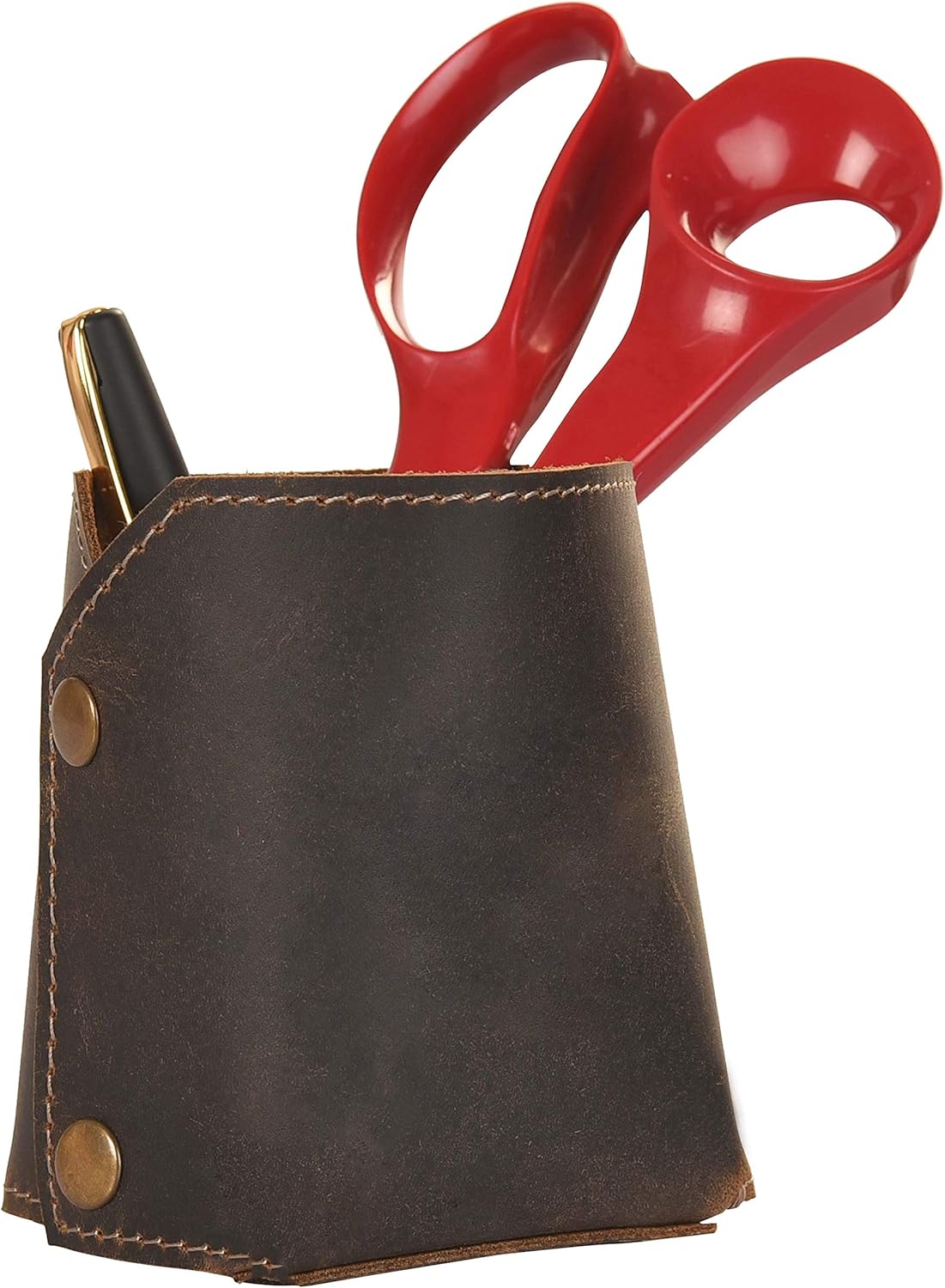 Leather Pen Holder - Pencil Holder Office Desk Organizer - Accesorries Paperclip Cosmetics Brush Cup Organizers - Small Foldable Vintage Leather Pen Case Box Caddy Storage Container, Dark Brown 4”x3”