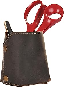 Leather Pen Holder - Pencil Holder Office Desk Organizer - Accesorries Paperclip Cosmetics Brush Cup Organizers - Small Foldable Vintage Leather Pen Case Box Caddy Storage Container, Dark Brown 4”x3”