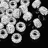 Xindojuz 50 PCS Rhinestone Beads for Jewelry Making, 12mm Large Hole European Rondelle Beads, Crystal Charm Spacer Diamond Hair Bead for European Bracelet Snake Chain Charm Necklace DIY Craft (White)