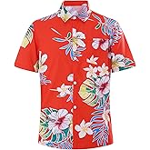 SEAOYOZO Men's Hawaiian Shirts Short Sleeve Tropical Shirt for Men Button Down Shirts Summer Aloha Beach Shirt (red Print Tropical Flower, 2XL)