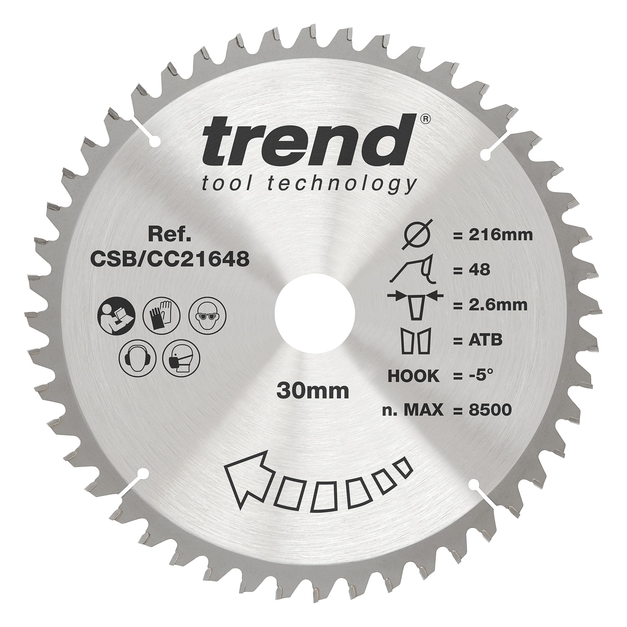 Trend Wood Mitre Saw Blade, 216mm Diameter, 30mm Bore, 48 Teeth, 2.6mm Kerf, -5° Hook, TCT, Fine Finish, CSB/CC21648