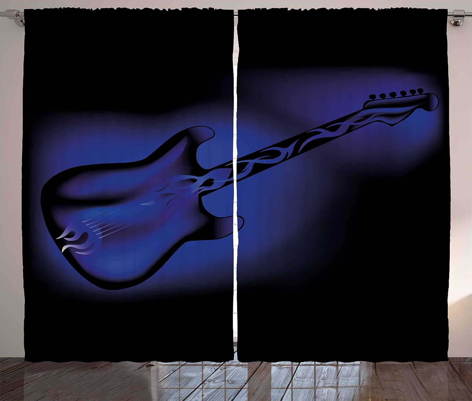 Music Curtains by Ambesonne, Electric Guitar Bass in Dark Tones Rock
