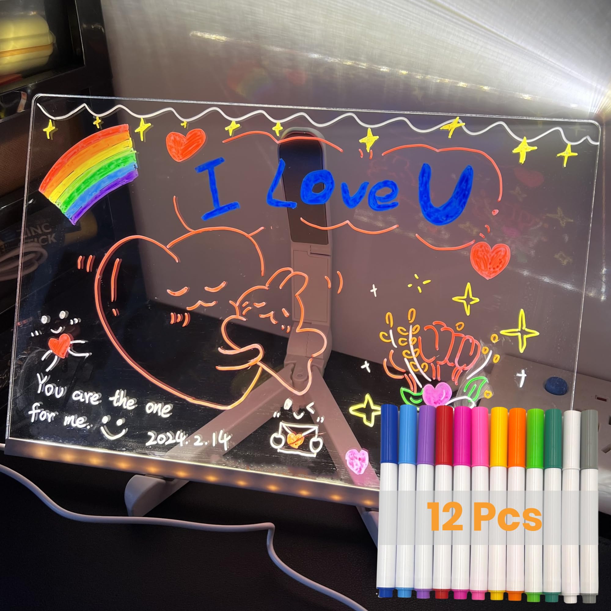 Furrbudie LED Drawing Board with 12 Colors Pen, 30x20cm Led Light Note Message Board, Acrylic Dry Erase Light up Memo Arts Doodle Desktop Note Illuminated Wordpad Gift for Kids School Home Cafe Office