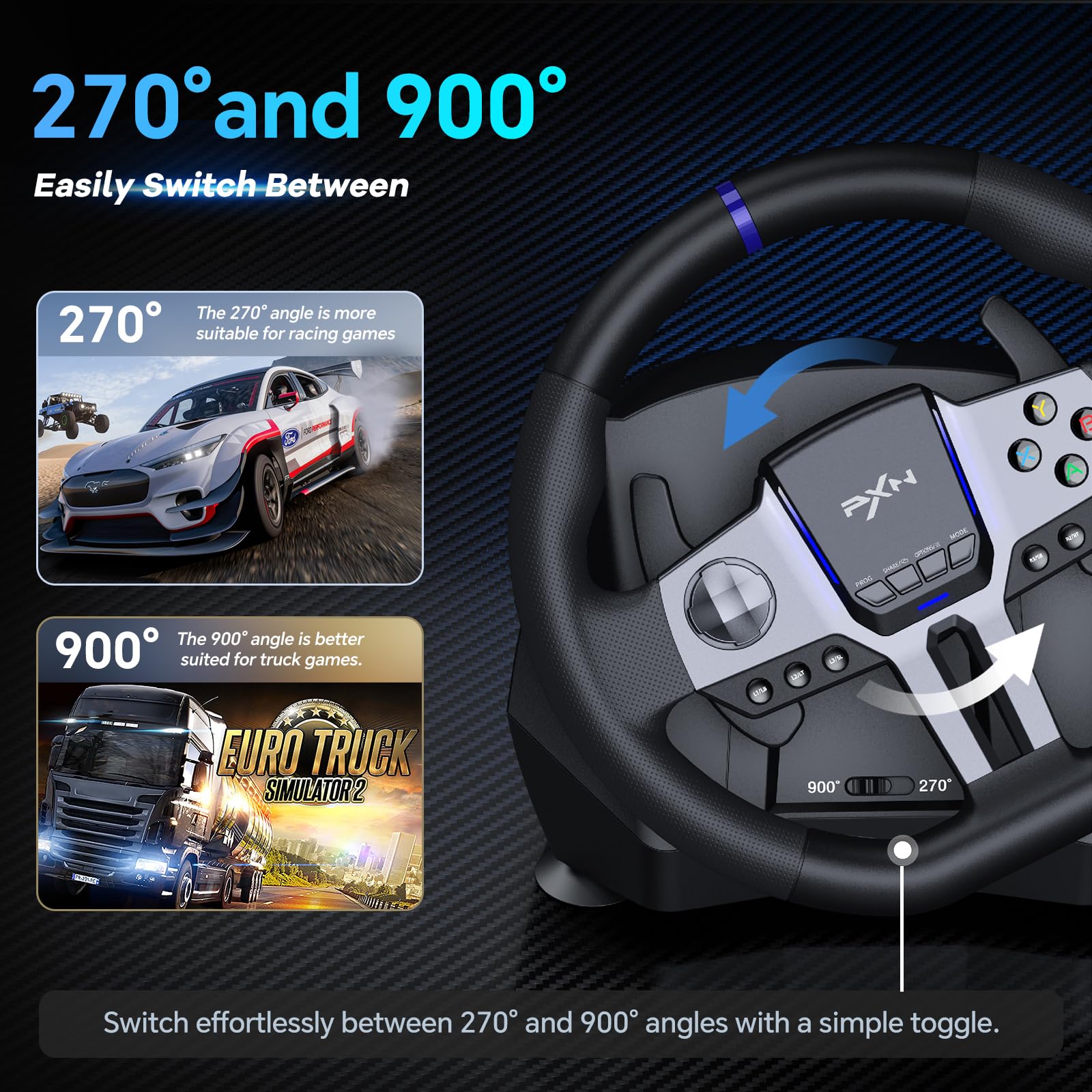 PXN PC Steering Wheel, V9 GEN2 Universal Usb Car Sim 270/900 Degree Race Steering Wheel with 3-Pedals and Shifter Bundle for PC, Xbox One, Xbox Series X/S, PS4, PS3